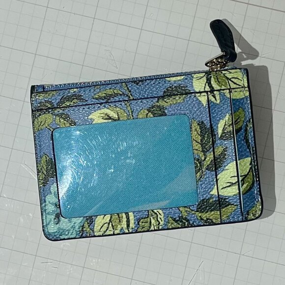 RARE! Coach Mini Skinny ID Case Blue Sleeping Rose Print Wallet Coin Card Purse - Picture 2 of 2